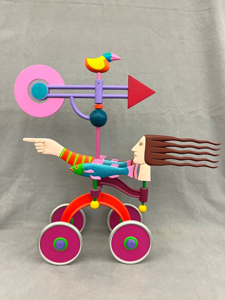 JAMES W. EATON (American contemporary). "Woman on Wheels with Bird and Fish". Painted mixed media (1 of 20)