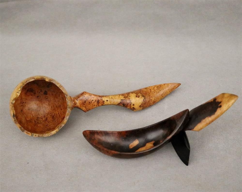NORM SARTORIUS (American b. 1947). Two carved burlwood scoops. Each with artist's monogram. Smaller (1 of 18)