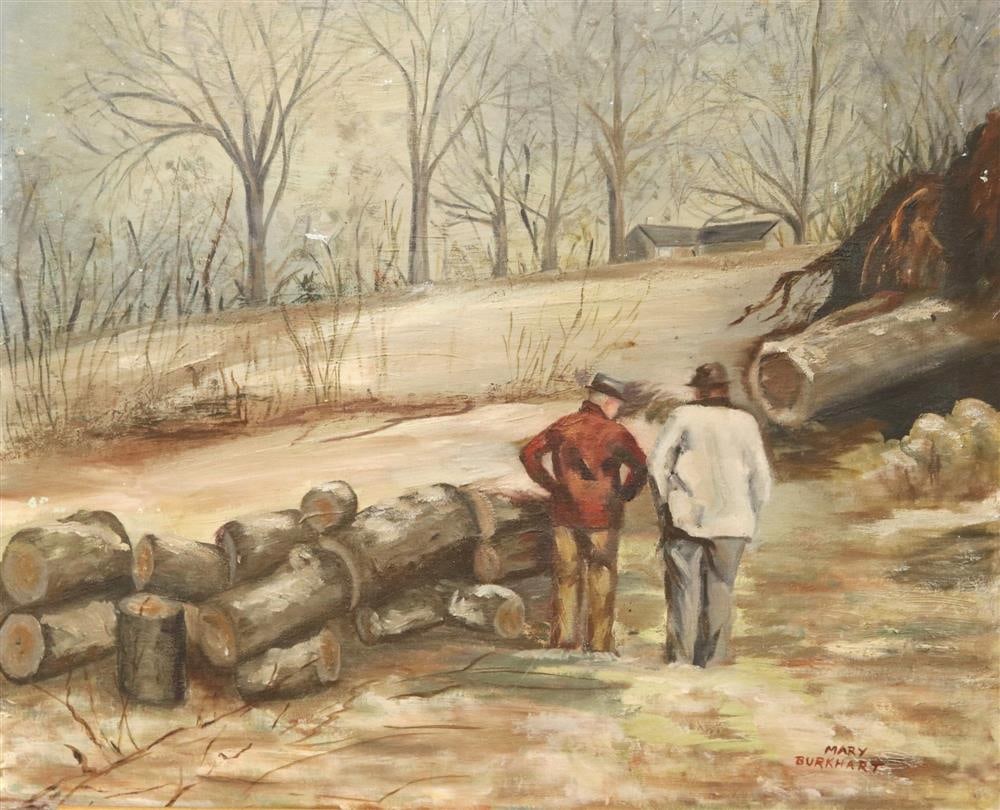 MARY BURKHART (American, 20th Century). After the Hurricane, Connecticut, my Brother's (Red Coat): MARY BURKHART (American, 20th Century). After the Hurricane, Connecticut, my Brother's (Red Coat) Home, circa 1970, Oil on board. Signed lower right hand corner. Verso titled. Unframed. - 20 x 24 inch
