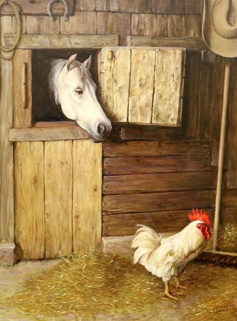 ALEXANDER YARON (American/Russian, 1900-1991). White Horse and Chicken in Stable, 1984-5, Oil on (1 of 9)
