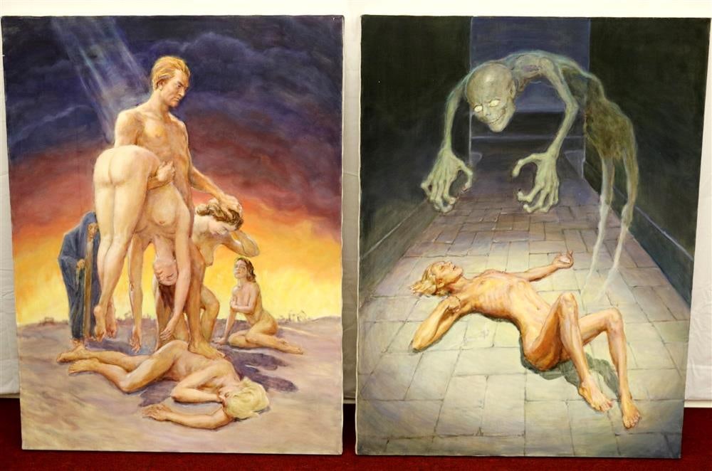 ALEXANDER YARON (American/Russian, 1900-1991). "Spirit with Nude" and "Man with Female Nudes", Two: ALEXANDER YARON (American/Russian, 1900-1991). "Spirit with Nude" and "Man with Female Nudes", Two works. Oil on canvas. Unsigned. Unframed. Provenance: Estate of the Artist. - 40 x 30 inches