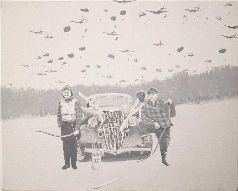 ROBERT MORRIS (American, 1931-2018). Paradrop, 1975-6, Acrylic on board. Signed and dated lower: ROBERT MORRIS (American, 1931-2018). Paradrop, 1975-6, Acrylic on board. Signed and dated lower right hand corner and verso. Unframed. - 8 x 10 inches