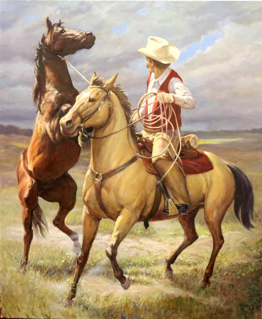 ALEXANDER YARON (American/Russian, 1900-1991). Cowboy Wearing a Red Vest with Two Wild Horses, Oil (1 of 15)