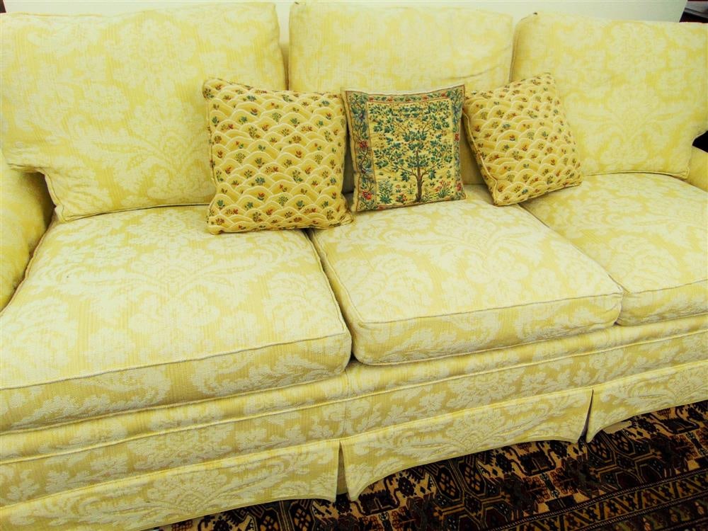 CONTEMPORARY PALE YELLOW AND CREAM COLOR FABRIC ALL-UPHOLSTERED THREE-CUSHION SOFA BY CURRAN. - L 84 (1 of 5)