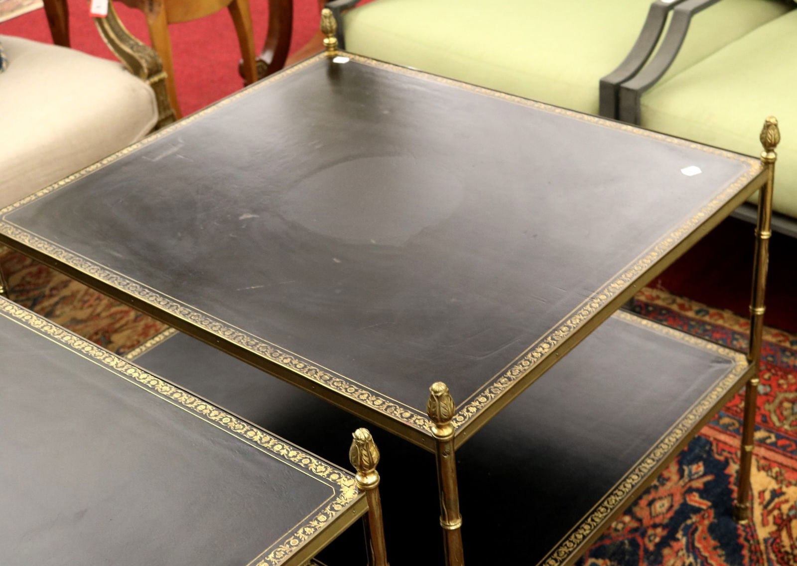 PAIR BAMBOO-TURNED RECTANGULAR-TOP SIDETABLES WITH GOLD-TOOLED BLACK LEATHER-INSET TOP PANELS AND (1 of 7)