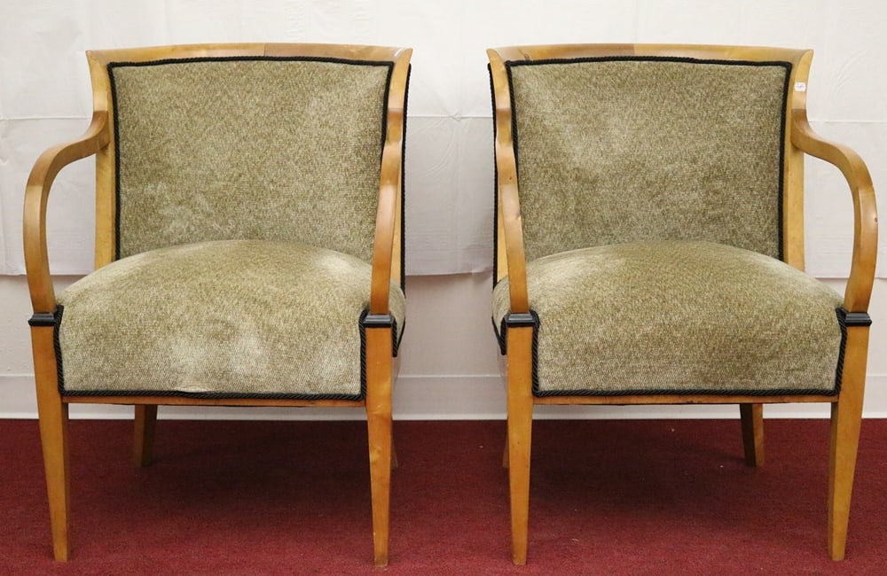 PAIR CONTEMPORARY BIEDERMEIER STYLE FRUITWOOD UPHOLSTERED OPEN-ARM CHAIRS, (1 of 15)
