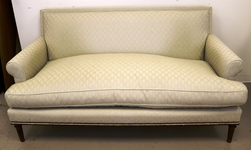 CONTEMPORARY GREY-CREAM COLOR TONE-ON-TONE ALL UPHOLSTERED SINGLE CUSHION SOFA WITH FABRIC BY (1 of 19)