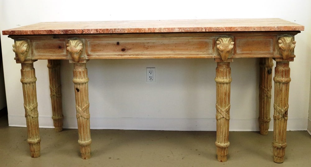 NEOCLASSICAL STYLE CARVED AND BLEACHED PINE HALL/CONSOLE TABLE WITH STRIATED RED-ORANGE MARBLE (1 of 20)