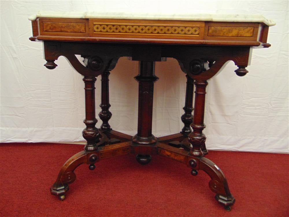 VICTORIAN CARVED AND INLAID ROSEWOOD AND WALNUT SHAPED RECTANGULAR CENTER TABLE WITH MARBLE TOP. CA (1 of 14)