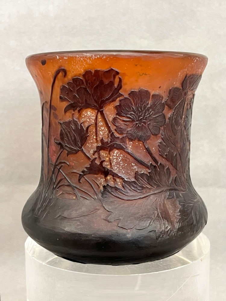 EARLY 20TH CENTURY SIGNED GALLE FLORAL CAMEO ART GLASS VASE, - H: 3 ½". (1 of 6)