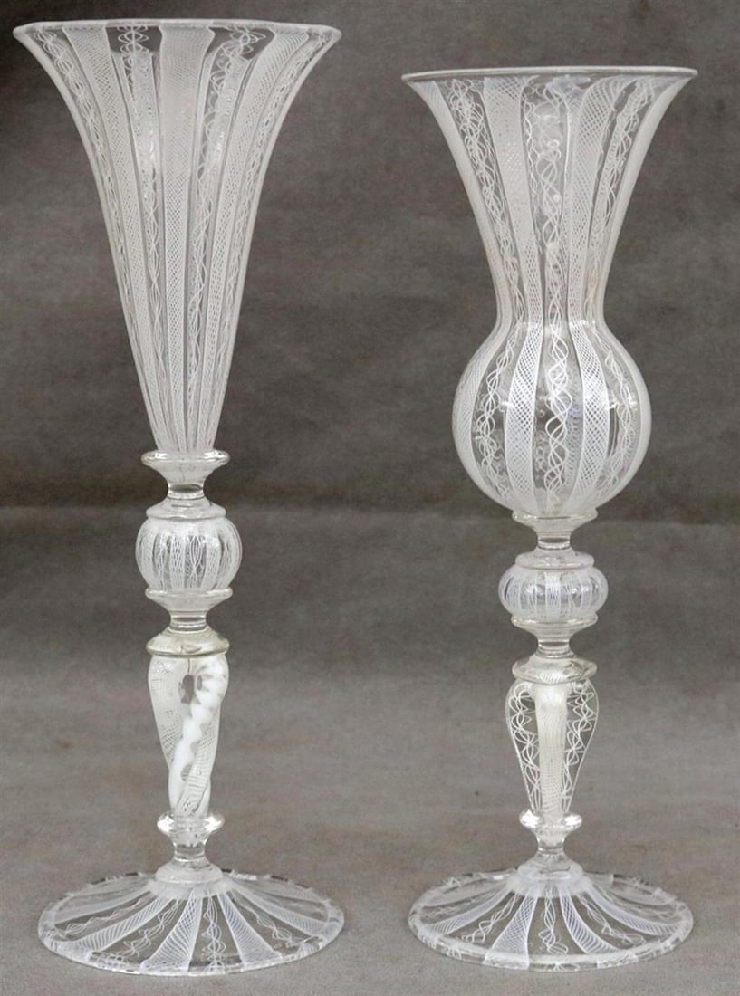 TWO SIMILAR WHITE COLORLESS LATICCINO GOBLETS . - Taller, H: 10 1/4 in.: TWO SIMILAR WHITE COLORLESS LATICCINO GOBLETS . Each signed and dated 2008. Shaped bowls and stems - Taller, H: 10 1/4 in.