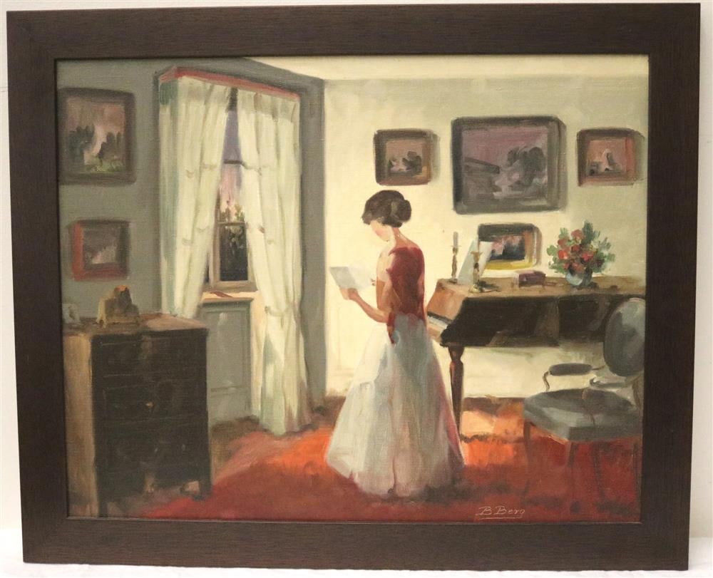 BENTE BERG (Danish, born 1931). Reading a Letter in the Piano Room, Oil on canvas board. Signed: BENTE BERG (Danish, born 1931). Reading a Letter in the Piano Room, Oil on canvas board. Signed lower right hand corner. Framed. - Sight: 15 x 19 inches