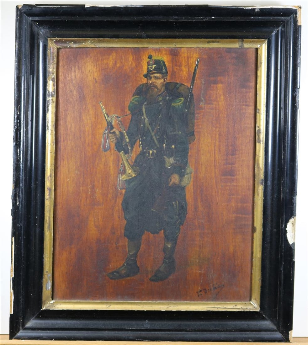 CONTINENTAL SCHOOL (Early 20th century). Soldier Carrying a Trumpet, Oil on board. Indecipherable: CONTINENTAL SCHOOL (Early 20th century). Soldier Carrying a Trumpet, Oil on board. Indecipherable signature lower right hand corner. Framed. - 11 x 9 inches; frame: 15 x 13 inches