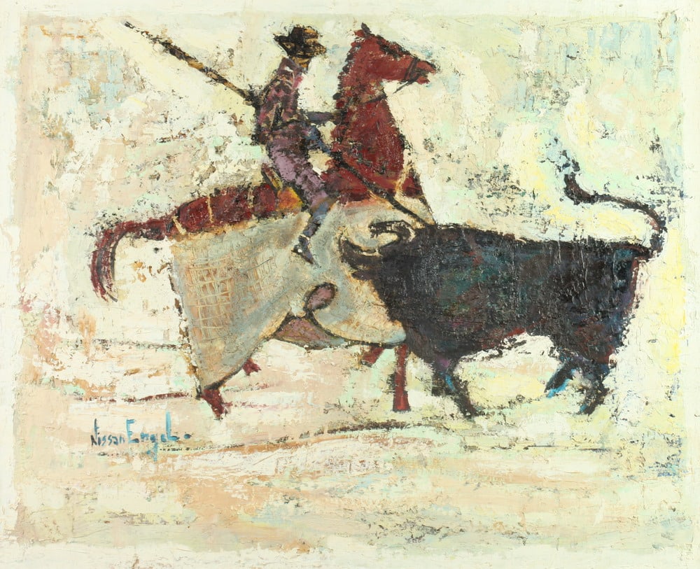 NISSAN ENGEL (Israeli, b. 1931). TOREADOR ON HORSE WITH BULL, signed lower left. Oil on panel. (1 of 19)