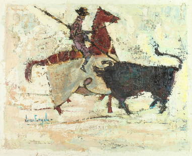 NISSAN ENGEL (Israeli, b. 1931). TOREADOR ON HORSE WITH BULL, signed lower left. Oil on panel.: NISSAN ENGEL (Israeli, b. 1931). TOREADOR ON HORSE WITH BULL, signed lower left. Oil on panel - Framed, 32 in. x 40 in.