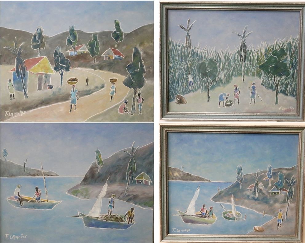 FRITZ LAMOTHE (Haitian, born 1933). Four works -- Beach Scenes. Oil and wax on masonite board. Each (1 of 12)
