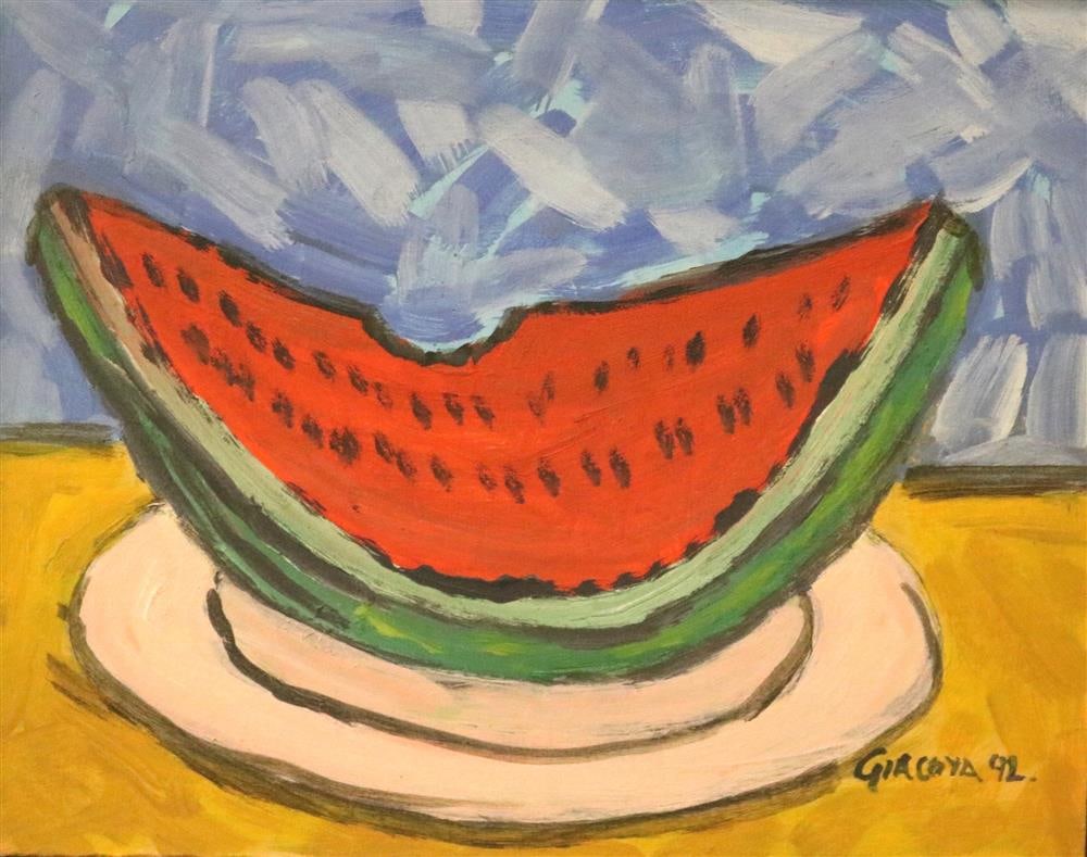 MARIO GIACOYA (Uruguayan, born 1951). Sandia (Watermelon), 1992, Oil on board. Signed and dated: MARIO GIACOYA (Uruguayan, born 1951). Sandia (Watermelon), 1992, Oil on board. Signed and dated lower right hand corner. Framed.