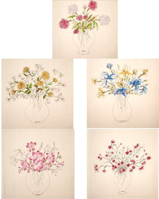 MYRTHA LUGARO (Uruguayan, 1930 - 2006). Five works: Bouquet of Summer Flowers, Mixed media (Pen and (1 of 18)