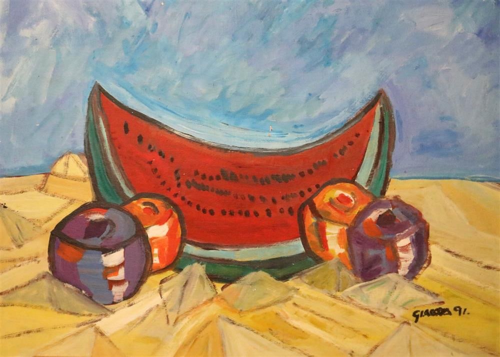 MARIO GIACOYA (Uruguayan, born 1951). Stuill life with Watermelon and Apples, 1991, Oil on board.: MARIO GIACOYA (Uruguayan, born 1951). Stuill life with Watermelon and Apples, 1991, Oil on board. Signed and dated lower right hand corner. Unframed.