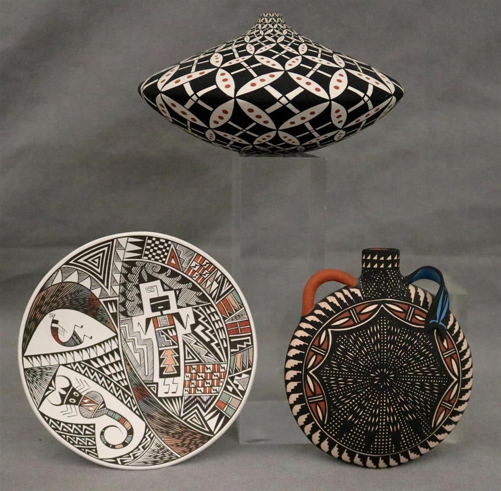 THREE SOUTHWEST NATIVE AMERICAN GEOMETRICALLY PAINTED POTTERY ITEMS. (Sharon Lewis, born 1959). - (1 of 20)