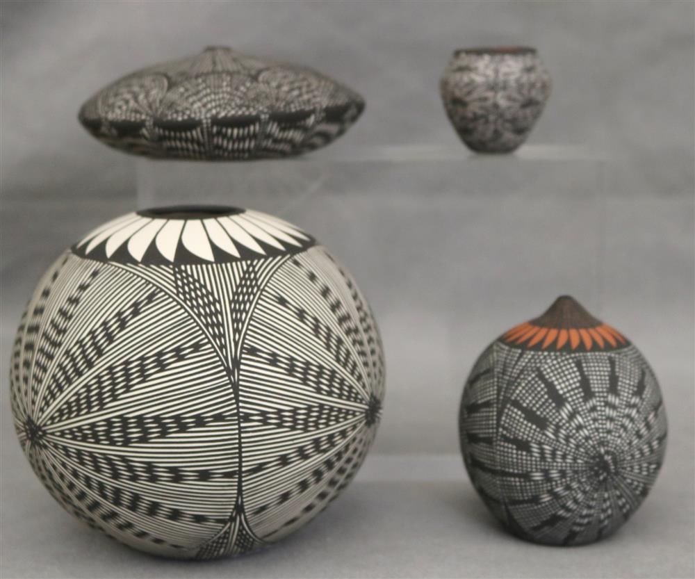 BRIAN CHINO (Native American, Acoma Pueblo, NM, 1960-1999). Four various black and white painted (1 of 18)