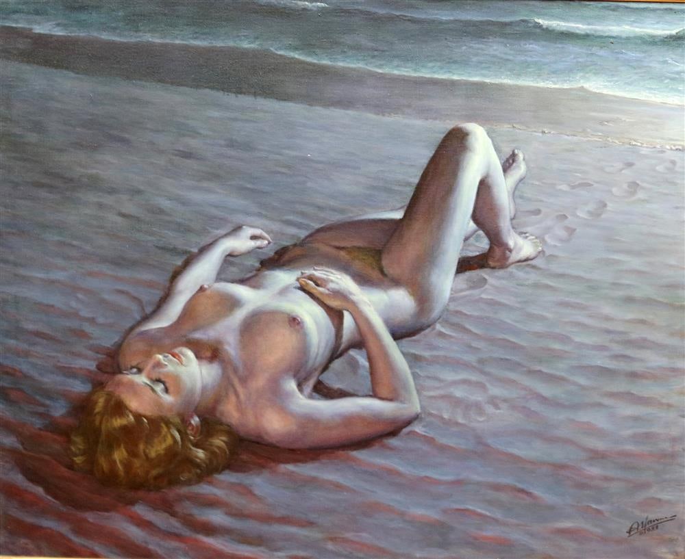 ALEXANDER YARON (American/Russian, 1900-1991). Nude on the Beach, Evening, 1983, Oil on canvas.: ALEXANDER YARON (American/Russian, 1900-1991). Nude on the Beach, Evening, 1983, Oil on canvas. Signed and dated lower right. Framed. Provenance: Estate of the Artist. - Sight: 40 x 50
