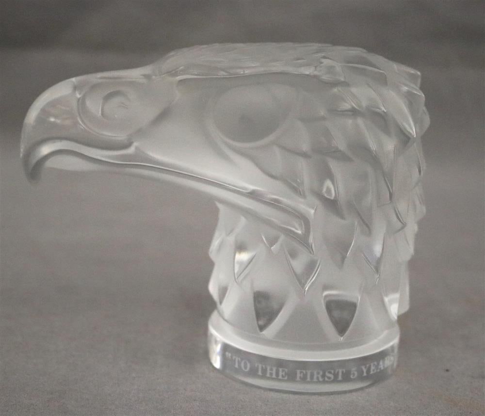 SIGNED LALIQUE CRYSTAL EAGLE HEAD PAPERWEIGHT MODELED AFTER VINTAGE AUTOMOBLIES HOOD ORNAMENT, (1 of 12)
