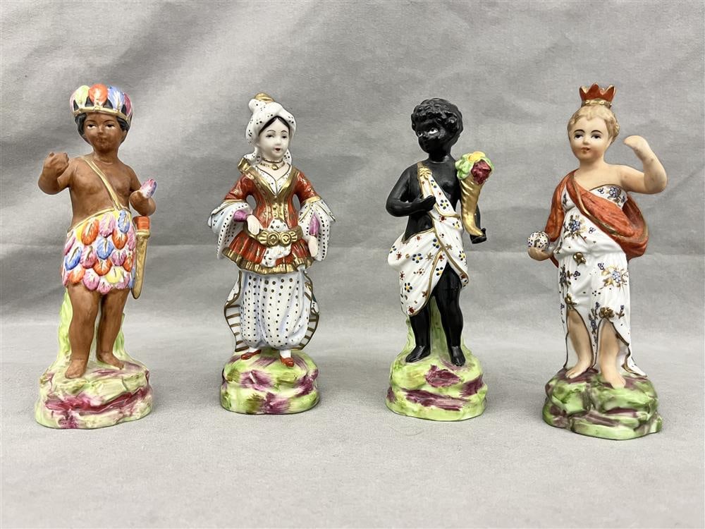 SET FOUR MOTTAHEDDEH DESIGN POLYCHROMED PORCELAIN FIGURES AFTER THE 18TH CENTURY. - H: 7 1/4". (1 of 20)