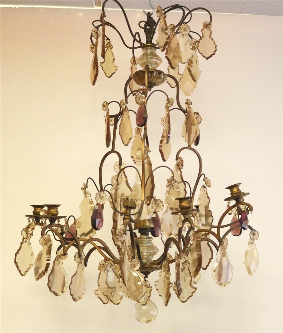 FRENCH GILT-METAL AND CRYSTAL SIX-LIGHT CHANDELIER, early 20th century. - H: app. 33 in.; spread, (1 of 20)