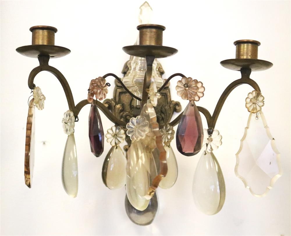PAIR GILT-METAL AND CRYSTAL THREE-LIGHT WALL-SCONCES, MATCHING THE CHANDELIER (1 of 18)