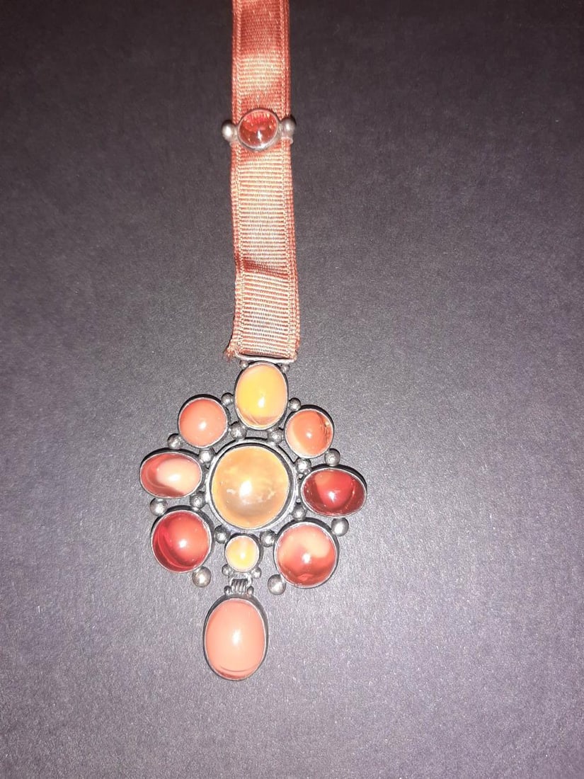 VICTORIAN/EDWARDIAN SILVER AND MEXICAN FIRE OPAL CLUSTER PENDANT. - Pendant, L: 1 3/4 in. Ribbon, L (1 of 2)