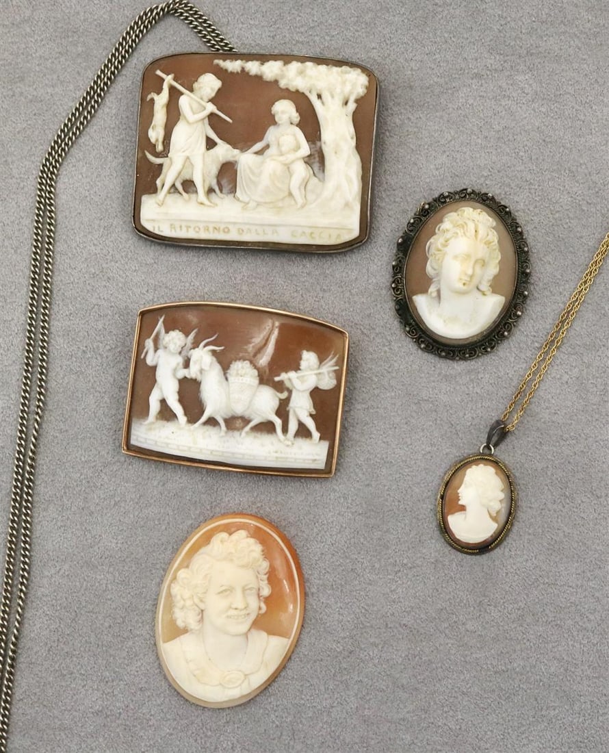 FIVE ITEMS VINTAGE ITALIAN CARVED SHELL CAMEO JEWELRY, - Largest, 1 3/4 in x 2 1/8 in. (1 of 17)