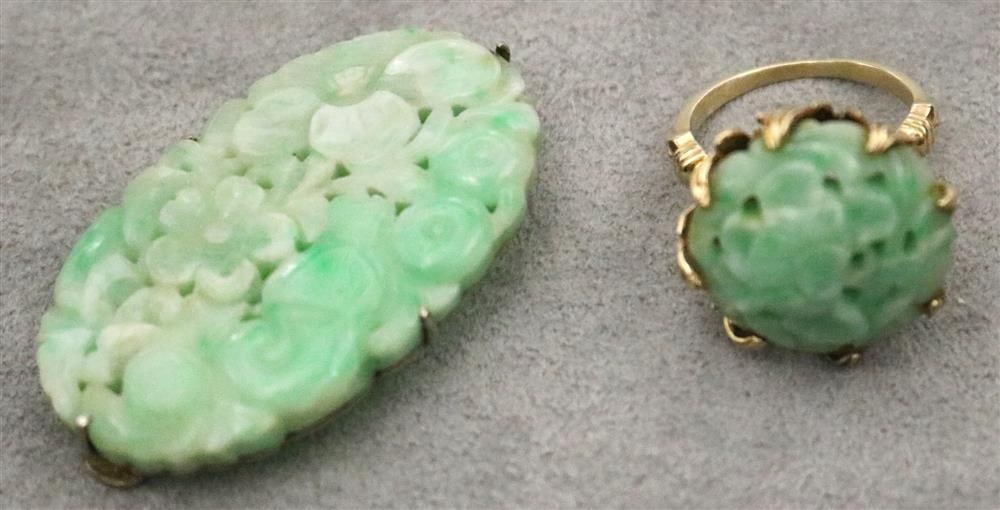 TWO ITEMS CHINESE FLORAL-CARVED AND PIERCED APPLE GREEN JEWELRY, - Ring size: 7 1/4. (1 of 13)