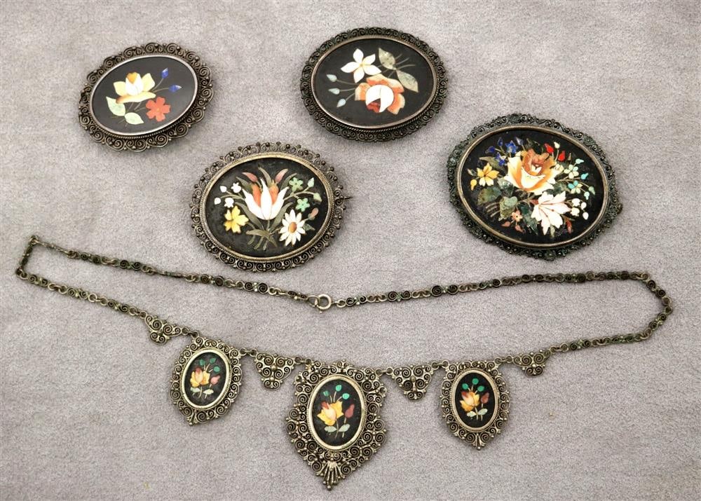 FIVE ITEMS VINTAGE ITALIAN SILVER (800-FINE) AND PIETRA DURA FLORAL MOSAIC JEWELRY, - largest pin, 1 (1 of 20)