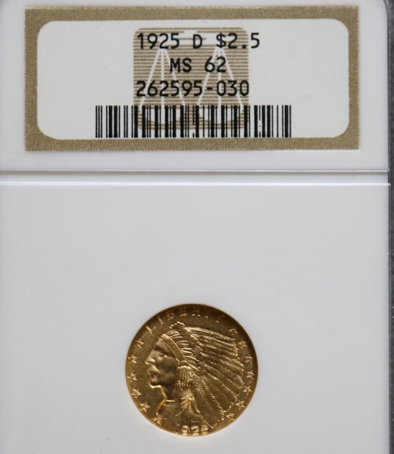 U.S. INDIAN HEAD TWO-AND-ONE-HALF DOLLAR GOLD COIN, 1925-D, (1 of 15)
