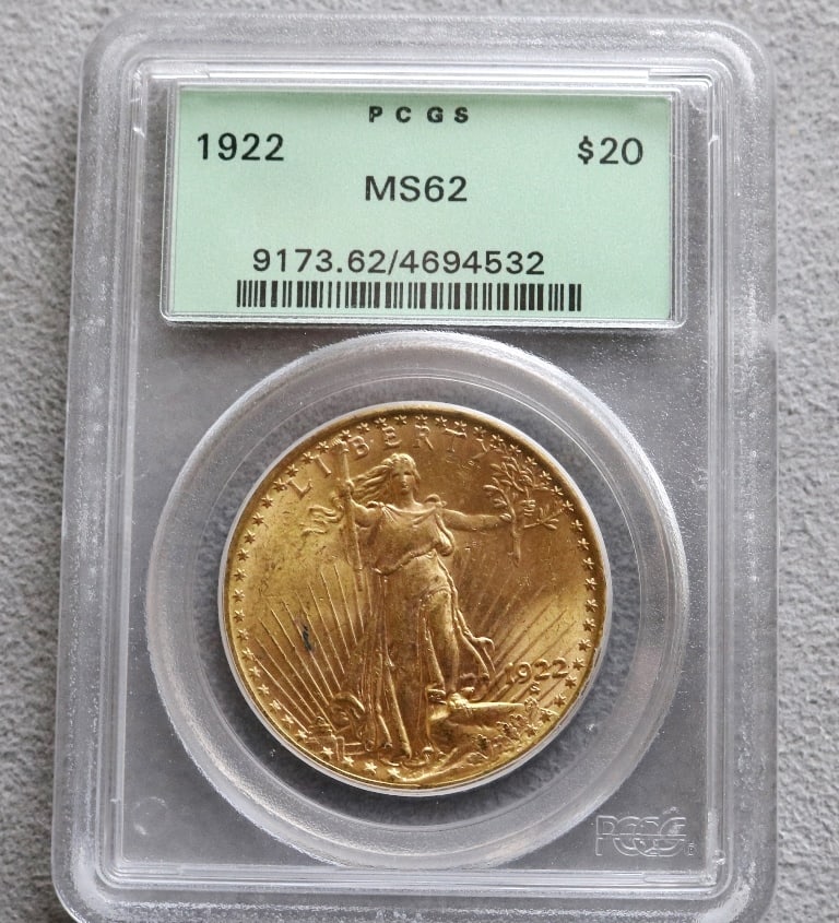 U.S. ST. GAUDENS TWENTY-DOLLAR GOLD COIN, 1922.: U.S. ST. GAUDENS TWENTY-DOLLAR GOLD COIN, 1922. Graded MS62 by PCGS