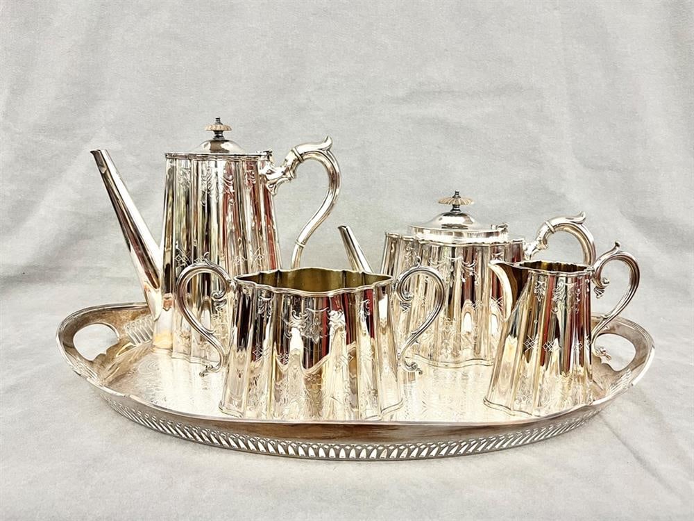 FOUR-PIECE ENGLISH SILVER-PLATED TEA/COFFEE SERVICE WITH COORDINATING SHAPED OVAL SERVING TRAY. (1 of 7)