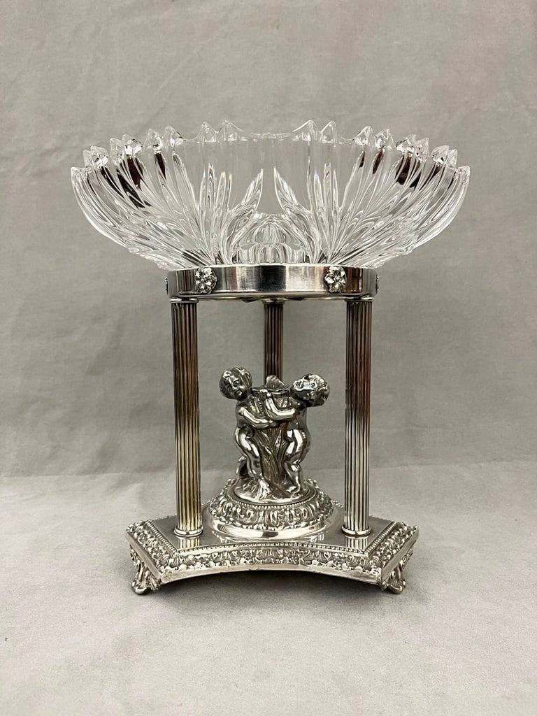 ENGLISH HEAVY SILVER-PLATED FIGURAL CENTERPIECE SUPPORTING SEPARATE COLORLESS CRYSTAL BOWL, - H: 11 (1 of 3)