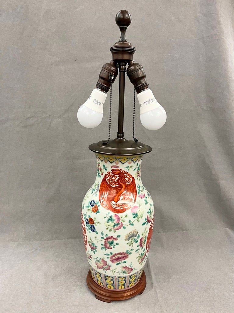 CHINESE FAMILLE ROSE PORCELAIN VASE MOUNTED AS TWO-LIGHT TABLE LAMP, late 19th century. - Vase (1 of 3)