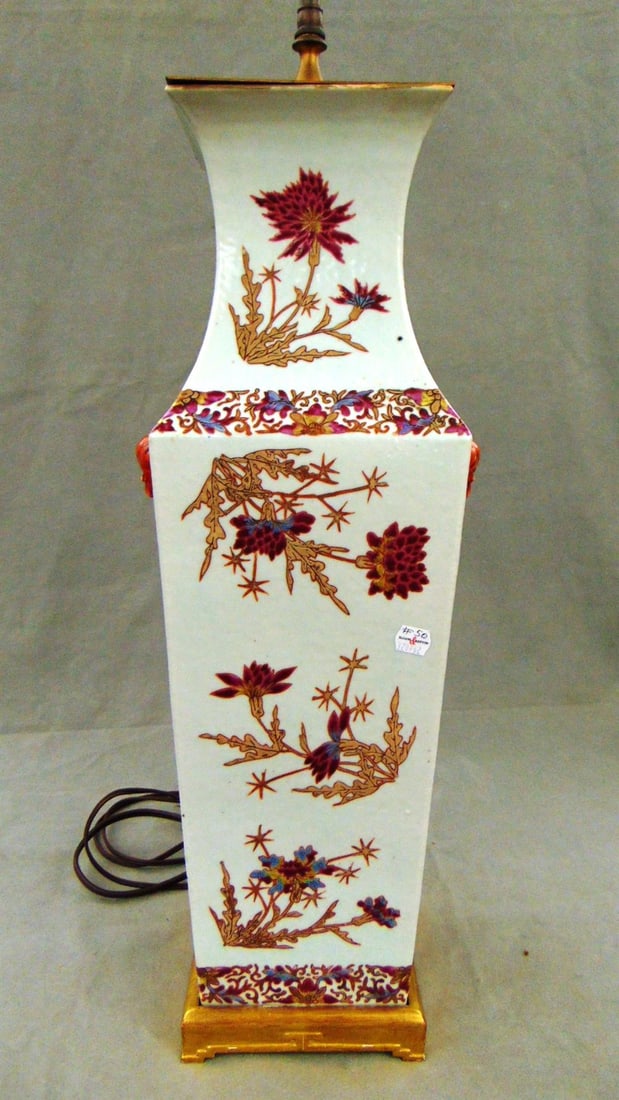 CHINESE FAMILLE ROSE SQUARE-SIDED PORCELAIN VASE MOUNTED AS TWO-LIGHT TABLE LAMP. - Vase portion, H: (1 of 6)