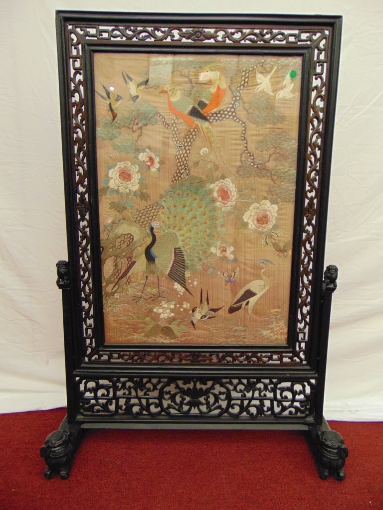 CHINESE FLOOR SCREEN WITH EMBROIDERED SILK PANEL DEPICTING PEACOCKS AND OTHER EXOTIC BIRDS IN LUSH (1 of 10)