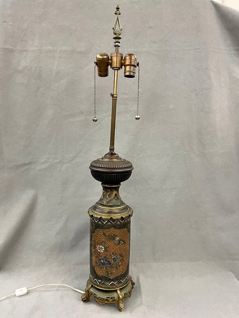 CLOISONNE CYLINDRICAL VASE MOUNTED AS TWO-LIGHT TABLE LAMP, 19th century. - H: 35 in. (1 of 7)