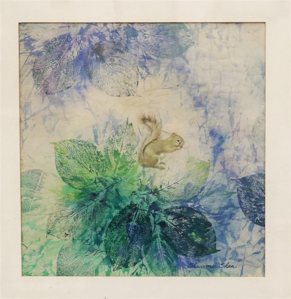 SHAWMEI SHEN (Chinese / American, born 1942). Squirrel, Mixed media on paper. Signed lower right: SHAWMEI SHEN (Chinese / American, born 1942). Squirrel, Mixed media on paper. Signed lower right hand corner. Framed. Not examined out of frame. - Sight: 11.5 x 10.75 inches; frame: 17 x 16 inches