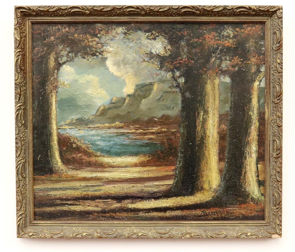 AMERICAN SCHOOL (early 20th century). Landscape Through Woods, Oil on Masonite. Indecipherable: AMERICAN SCHOOL (early 20th century). Landscape Through Woods, Oil on Masonite. Indecipherable signature lower right hand corner. Framed. - 12 x 14 inches; frame: 14 x 16 inches