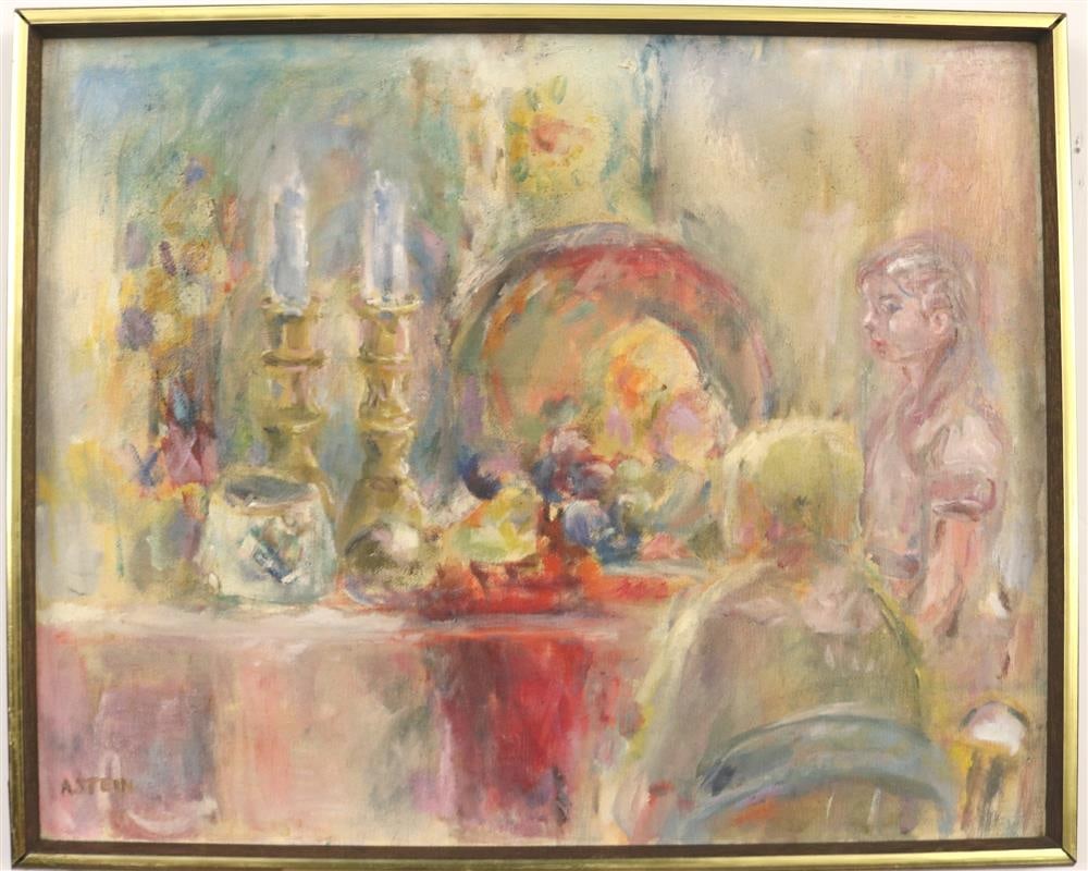 ANN STEIN (American, 20th century). Dinner, Oil on canvas. Signed lower right hand corner. Framed.: ANN STEIN (American, 20th century). Dinner, Oil on canvas. Signed lower right hand corner. Framed. - 16 x 20 inches; frame: 17 x 21 inches
