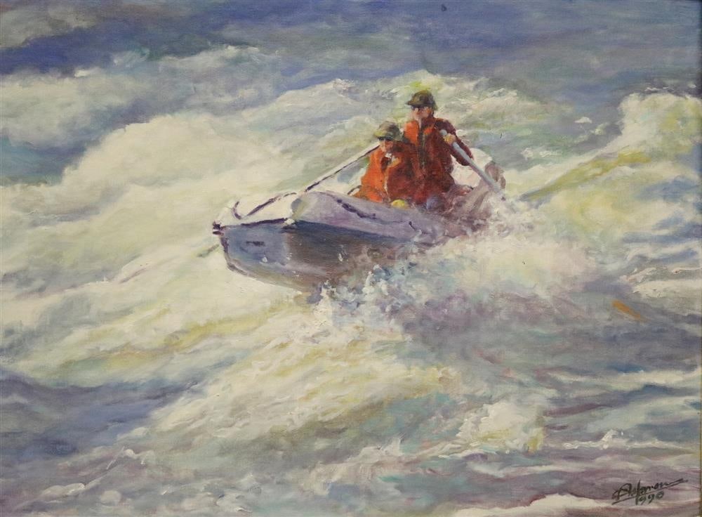 ALEXANDER YARON (American / Russian, 1900-1991). Kayaking in Rapids, Oil on canvas-board. Signed and (1 of 6)