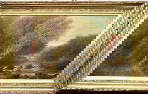 DANIEL CHARLES GROSE (Canadian / American, 1838 - 1900). Autumn Landscape in Hudson River, oil on: DANIEL CHARLES GROSE (Canadian / American, 1838 - 1900). Autumn Landscape in Hudson River, oil on canvas. Signed lower left hand corner. framed. - 24 x 44 inches; frame: 33.5 x 53 inches