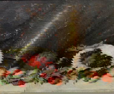 HENRY R. RITTENBERG (American, 1879 - 1969). Still Life with Summer Fruits, circa 1923, Oil on: HENRY R. RITTENBERG (American, 1879 - 1969). Still Life with Summer Fruits, circa 1923, Oil on canvas. Signed upper left-hand corner. Framed.Provenance / Notes: In 1923, the painting was a wedding gif