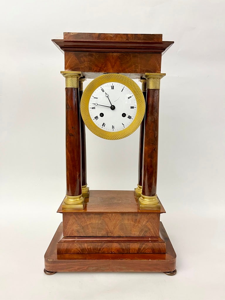 FRENCH EMPIRE MAHOGANY AND GILT BRONZE PORTICO MANTEL CLOCK. - H: 23 in. (1 of 10)