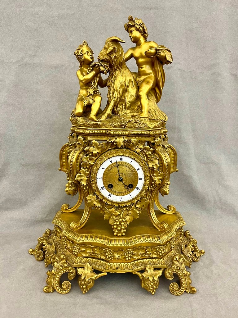 FRENCH GILT-BRONZE FIGURAL MANTEL CLOCK, 19th century. - H: 20 in. (1 of 7)